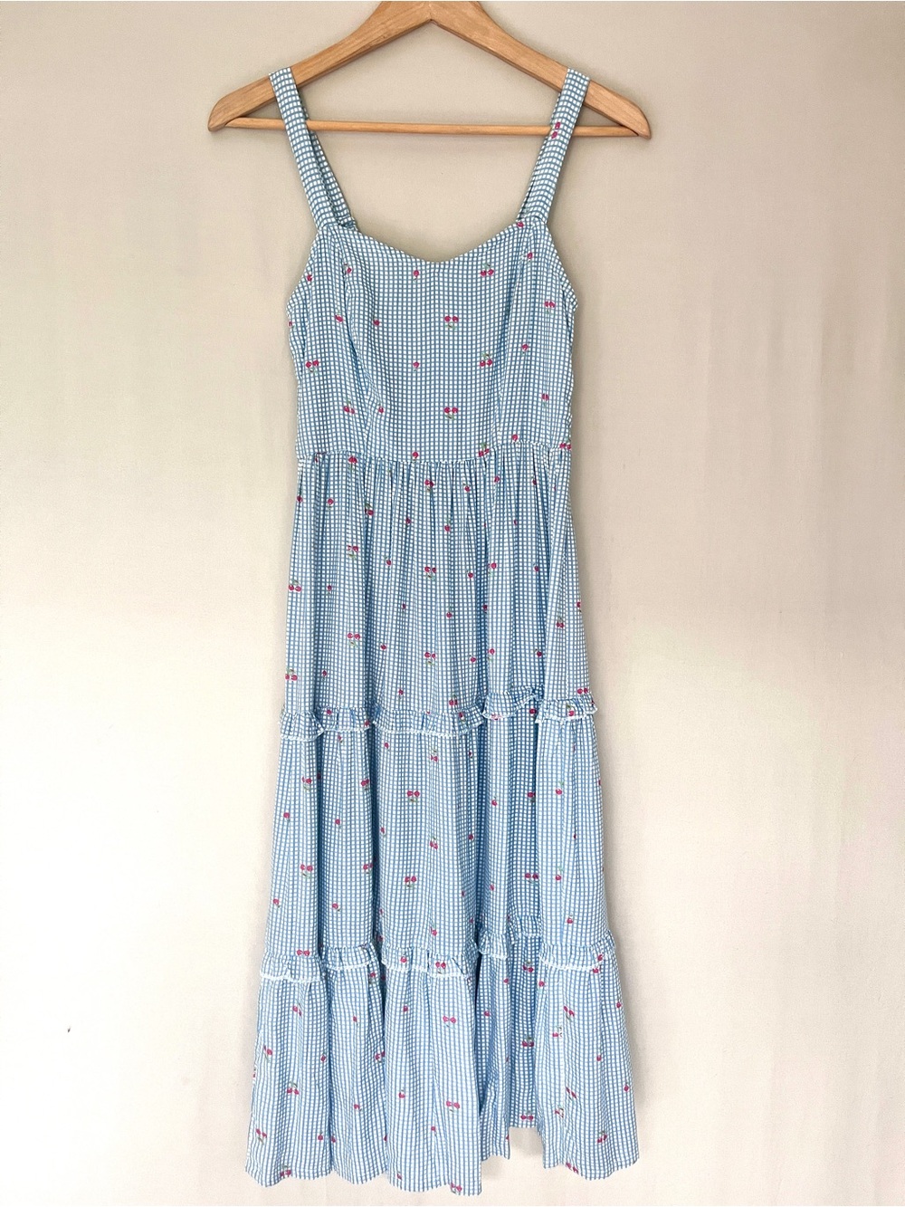 Japna Blue Gingham Cherry Print Midi Dress Smocked Back Tiered Cottagecore S